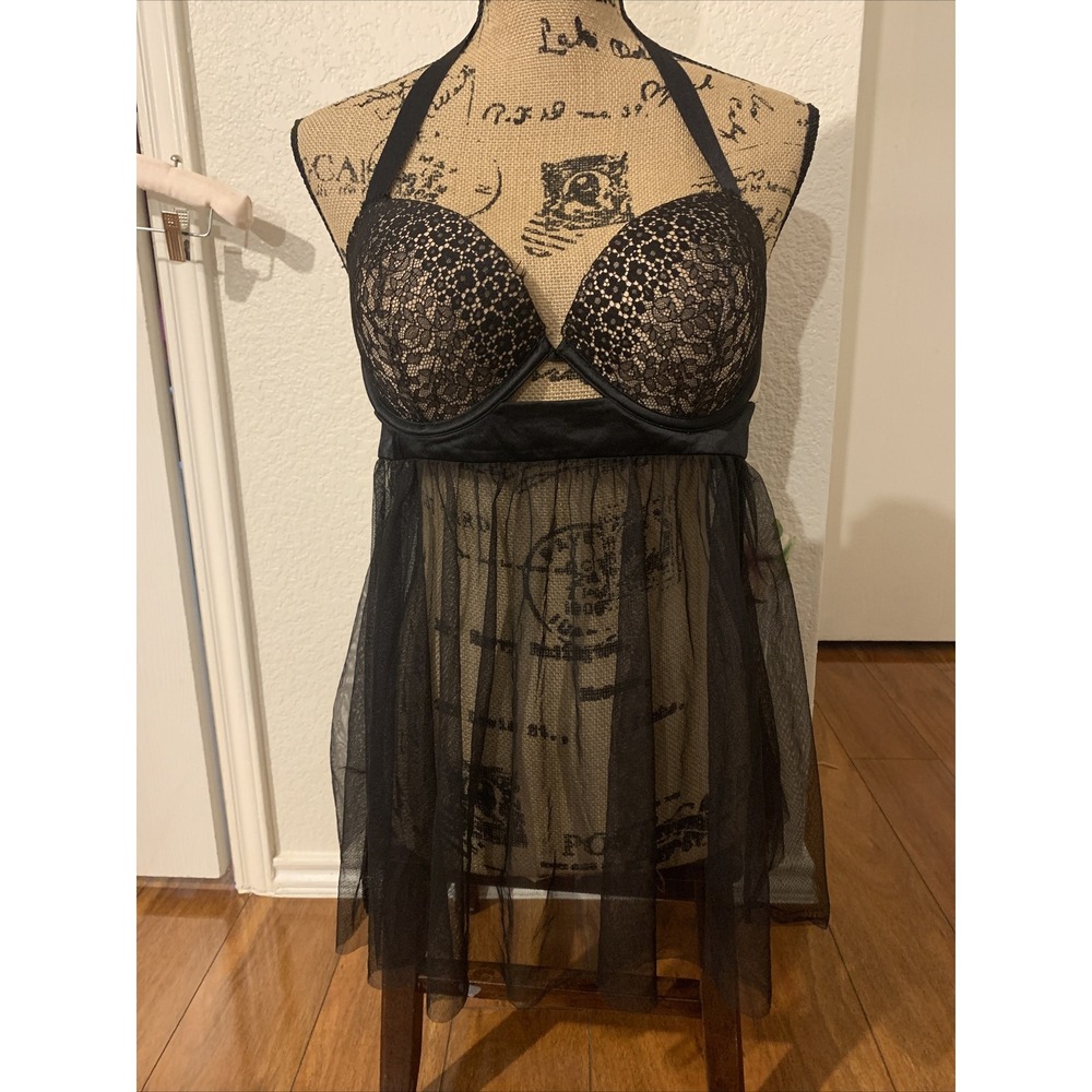 victoria secret sexy pudh ip babydoll night gown black 36D nwot halterneck